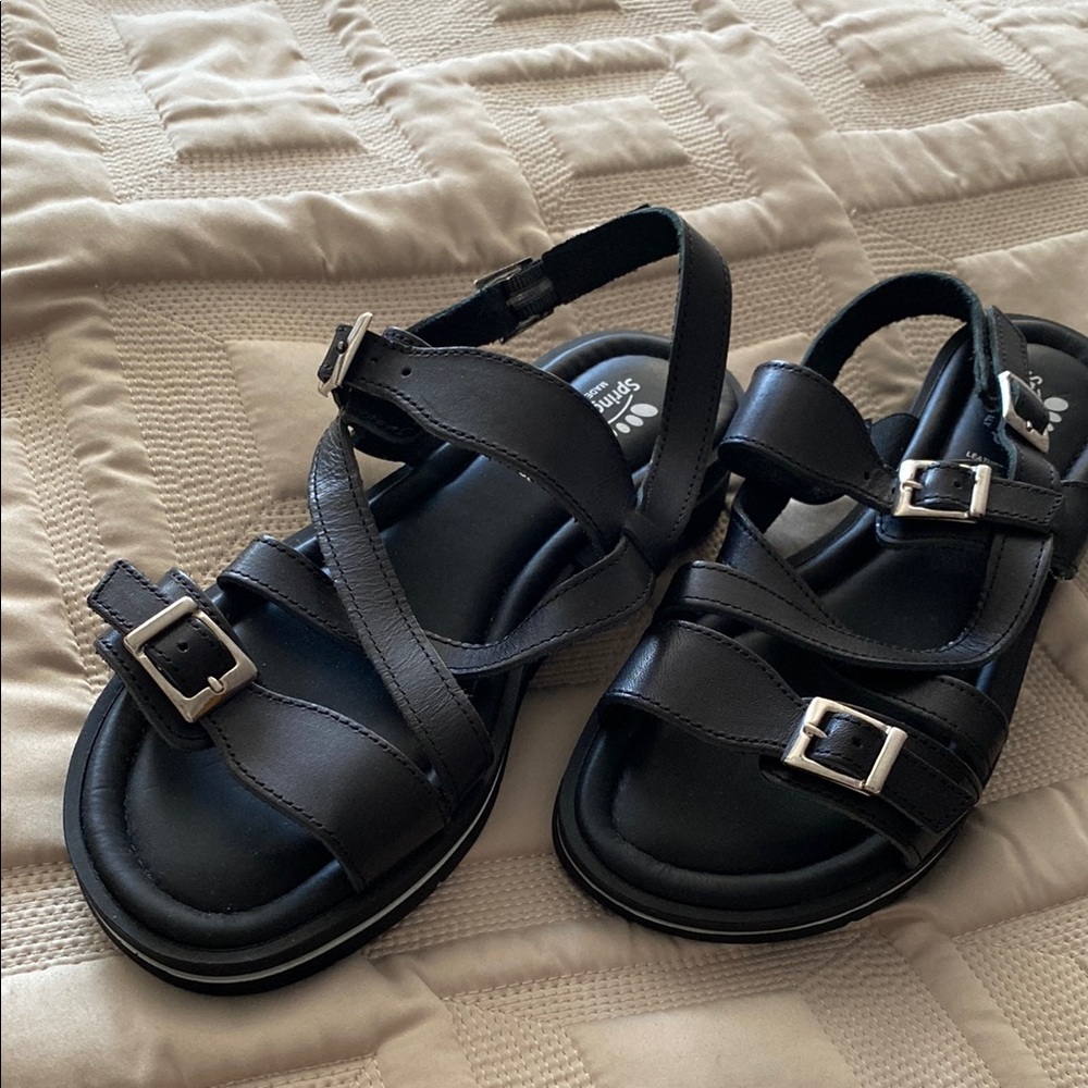 Spring Step Black Strappy Sandals with Silver Buckles